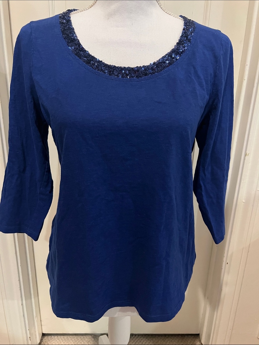 Coldwater Creek Royal Blue Scoop Neck Top with Sequin Trim